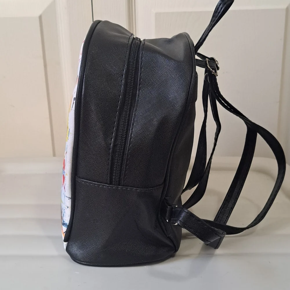 Small graffiti backpack purse - black / multi color faux leather